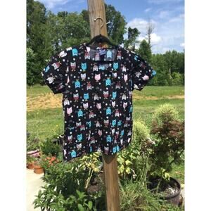 Zoe + Chloe scrub top womens sz M black pink owls birds medical vet tech dental